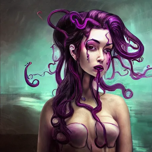 Prompt: artstation young woman with purple eyes and tentacles on her head in fury, very detailed, in glass town, portrait, high contrast