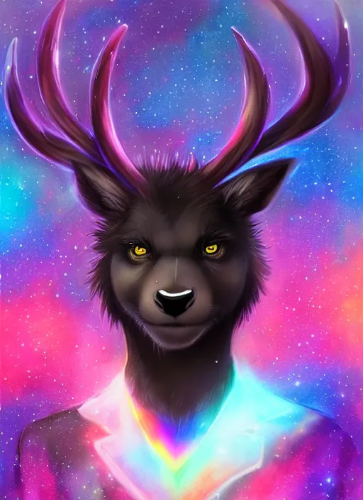 Image similar to award winning beautiful portrait commission of a male furry anthro Black Reindeer fursona with a tail, wings and a cute beautiful attractive detailed furry face wearing stylish black and rainbow galaxy clothes in a outerspace city at night while it rains. Character design by charlie bowater, ross tran, artgerm, and makoto shinkai, detailed, inked, western comic book art