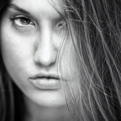 Image similar to masterpiece photo of a melancholic portrait of an aesthetic beautiful 30 years old woman, with mid long hair, canon 50mm, monochromatic, background blur