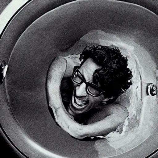 Prompt: Jeff Goldblum climbing out of a washing machine