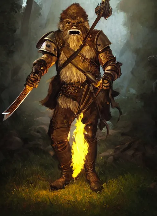 Image similar to photorealistic bugbear ranger holding sword on fire, magic, black beard, dungeons and dragons, pathfinder, roleplaying game art, hunters gear, jeweled ornate leather and steel armour, concept art, character design on white background, by sargent, norman rockwell, makoto shinkai, kim jung giu, artstation trending, poster art, colours red