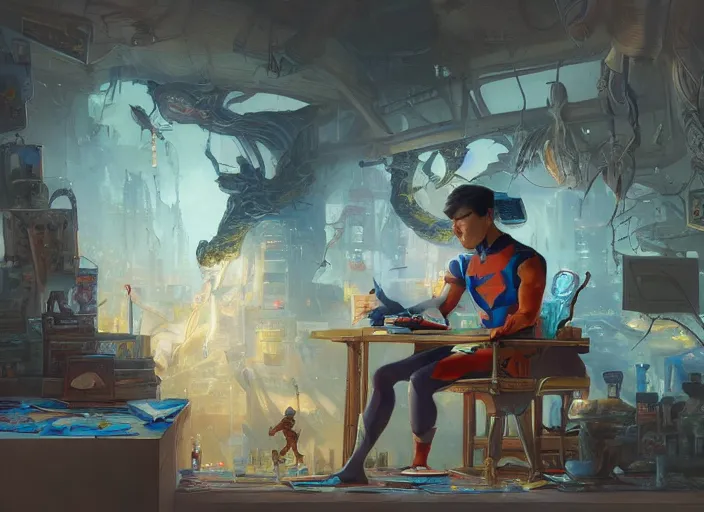 Image similar to an insanely detailed painting of an asian man wearing a homemade superhero costume, sitting at a desk, staring seriously at the computer and typing, in the style of peter mohrbacher, james jean, ruan jia, dramatic lighting and composition, surreal background, octane render, pixar, trending on artstation, concept art, comic book, view from behind, 8 k