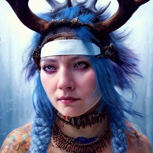 Image similar to A young female shaman, blue hair and antlers on her head. blindfolded, heilung, in the style of Heather Theurer, headshot photoshoot, insanely detailed and intricate, beautiful, elegant, cinematic toplight, portrait, headroom, artstation, karol bak