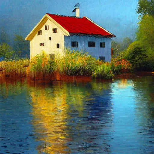 Image similar to a house by the lake painted by igor kieryluk