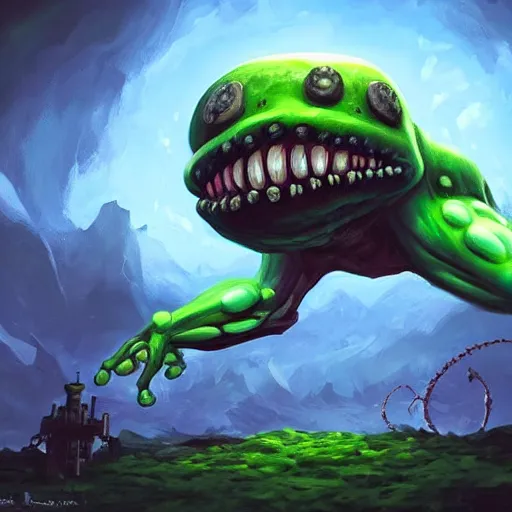 Image similar to a giant cyclops one - eyed cyclops bumpy ball green pea monster with boney arms, lovecraft, trending on artstation, 4 k, video game art, oil painting