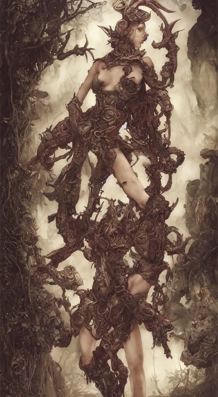 Image similar to a portrait photograph of a tiefling with a scaled skin transforming into a elf wearing a harajuku tactical suit. by tom bagshaw, tomasz alen, donato giancola, hans holbein, walton ford, gaston bussiere, brian froud, peter mohrbacher and magali villeneuve. 8 k, hyperrealism, fashion editorial.