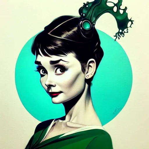 Image similar to in the style of joshua middleton, artgerm, beautiful audrey hepburn, aquapunk, bioshock, full body green dress, elegant pose, spooky, symmetrical face symmetrical eyes, three point lighting, detailed realistic eyes, insanely detailed and intricate elegant, underwater home