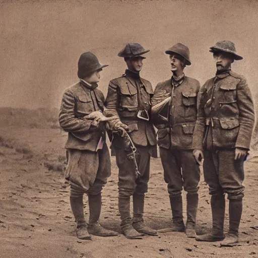 Prompt: a detailed photorealistic sepia - toned photo from 1 9 1 7, three clean - shaven british soldiers standing with two bedouin traders, ultra realistic, painted, intricate details, lovecraft, atmospheric, dark, horror, brooding, highly detailed, by clyde caldwell