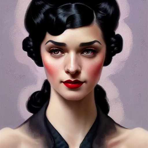 Image similar to a portrait of a woman with black hair, dressed in 1940's fashion, D&D, fantasy, intricate, elegant, highly detailed, digital painting, artstation, concept art, matte, sharp focus, illustration, art by Artgerm and Greg Rutkowski and Alphonse Mucha