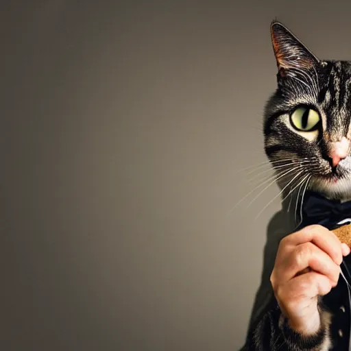 Image similar to a high detail closeup shot of a cat wearing a suit and smoking a cigar