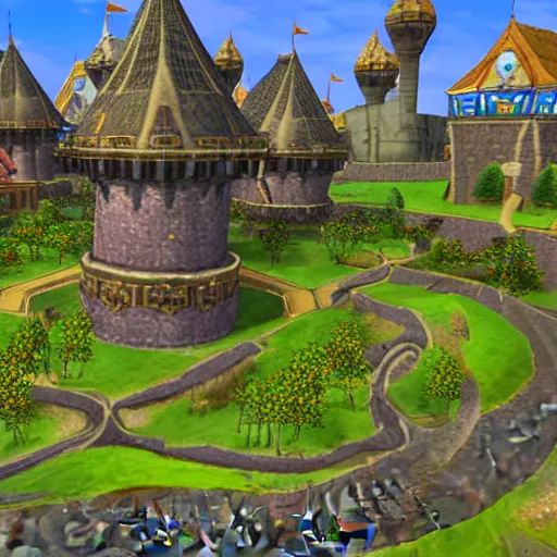 Prompt: road leading to Stormwind city, large fantasy castle with flower gardens, screenshot from violet evergarden