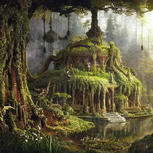 Image similar to a beautiful and highly detailed matte painting of a elven temple in a magical fantasy garden in a lush forest, elk, deer, intricate details, epic scale, insanely complex, 8 k, sharp focus, hyperrealism, very realistic, by caspar friedrich, albert bierstadt, james gurney, brian froud,