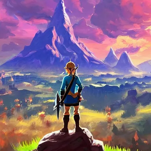 Image similar to oil painting of zelda breath of the wild, mountain in the background. beautiful, rpg, dnd, artgerm, disney, pixar