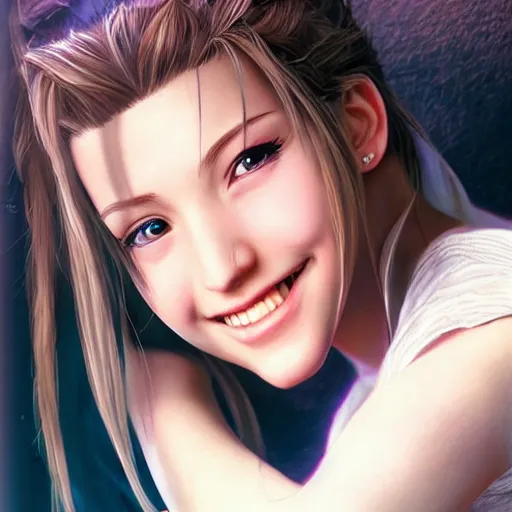 Image similar to portrait of aerith from final fantasy vii smiling, matte painting, ultra realistic, highly detailed, sharp focus, cinematic lighting, mood lighting, realistic, vivid colors, painting, photorealistic, digital art, non blurry, sharp, smooth, illustration