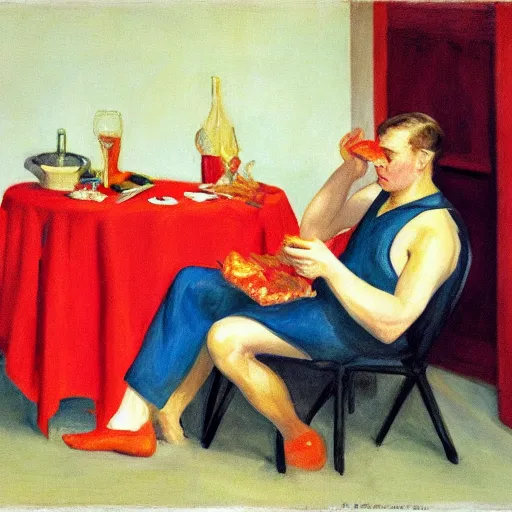 Image similar to an attractive man wearing a hair clip in red silky shorts eating salmon by Edward Hopper