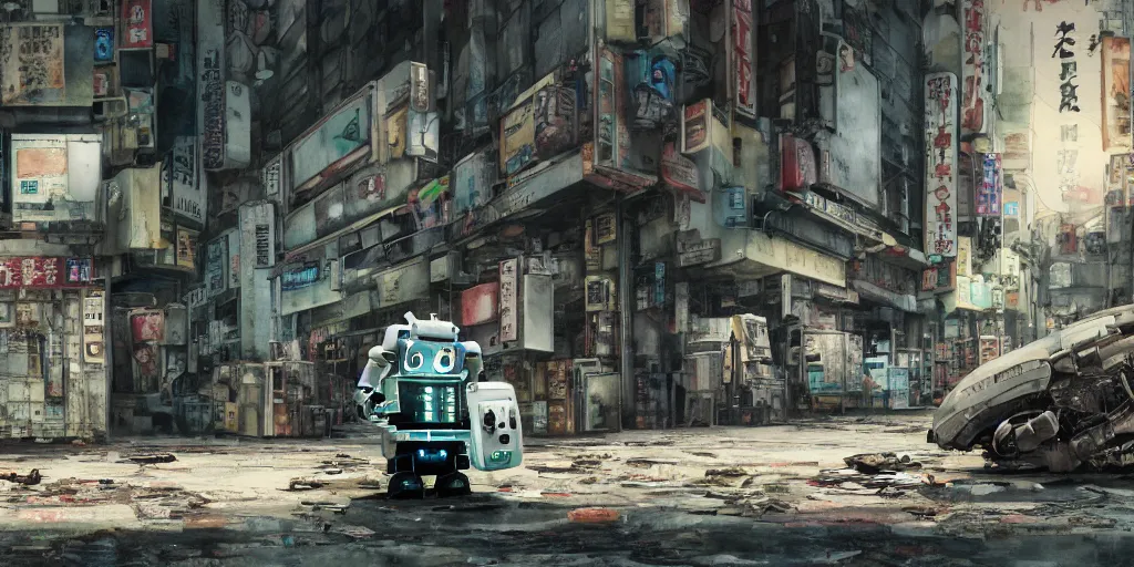 Image similar to a broken robot lying in a deserted shinjuku junk town, watercolor, ghost in the shell, soft bloom lighting, paper texture, bright sun bleached ground, vending machine, robot lurks in the background, koji morimoto, katsuya terada, genius party, animatronic, black smoke, pale, beige sky pencil marks, hd, 4k, remaster, dynamic camera angle, fish eye, dynamic scene