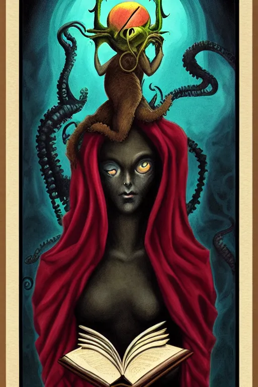 Image similar to raphael illustration of romantic girl, her cat and her book of necronomicon, symmetrical, cinematic, sharp focus, 4 k, ultra hd, sense of awe, sinister demonic atmosphere, dreadful, forbidden knowledge, old gods, cthulhu, yog - sothoth! yah, yah, yah! cultist journal cover