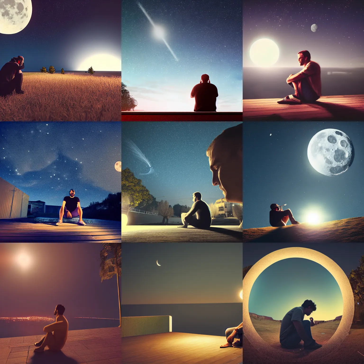 Prompt: man sitting at night smoking and looking at the moon smiling, wide angle fisheye lens, lens flare, unreal engine render