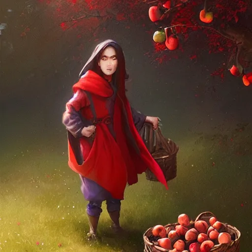 Image similar to a girl with a red cloak holding a basket full of apples, by Jordan Grimmer and greg rutkowski, crisp lines and color,