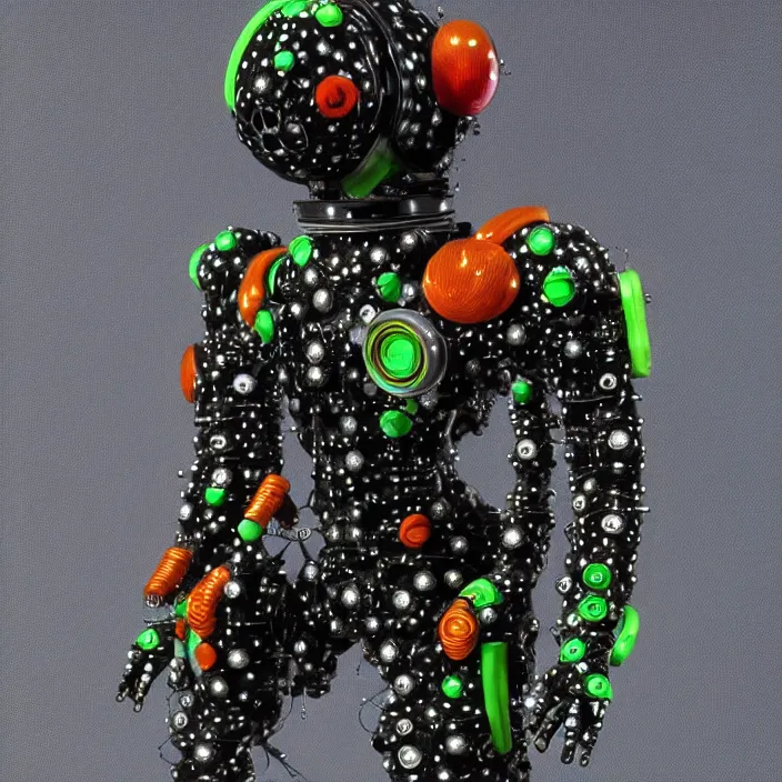 Image similar to a cybernetic symbiosis of a single astronaut mech-organic eva suit made of pearlescent wearing anodized thread knitted shiny ceramic multi colored yarn thread infected with kevlar,ferrofluid drips,carbon fiber,ceramic cracks,gaseous blob materials and diamond 3d fractal lace iridescent bubble 3d skin dotted covered with orb stalks of insectoid compound eye camera lenses orbs floats through the living room, film still from the movie directed by Denis Villeneuve with art direction by Salvador Dalí, wide lens,