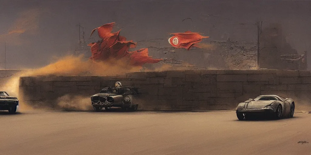 Image similar to ferrari in full speed in a empty street, mad max, kieth thomsen, zdzislaw beksinski