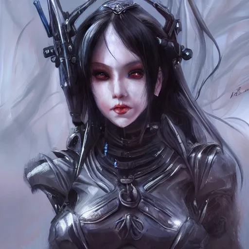 Image similar to portrait of a female dark elf witch by ayami kojima, she is about 2 0 years old, american, black hair, introvert, she is wearing a modern tactical gear, scifi, highly detailed portrait, digital painting, artstation, concept art, smooth, sharp foccus ilustration, artstation hq