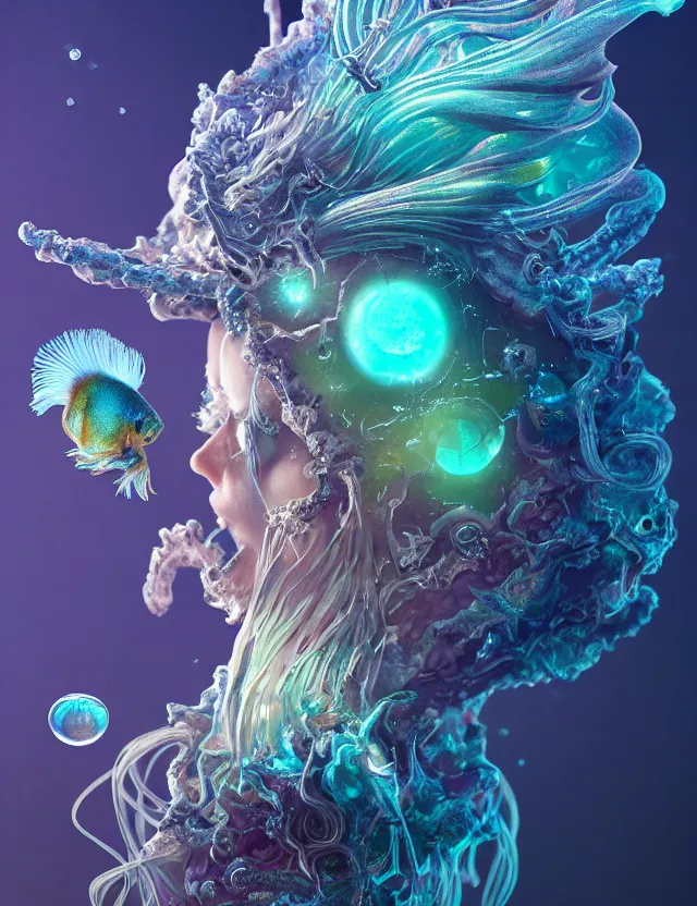 Image similar to goddess macro close - up portrait wigh crown made of ram skull. betta fish, jellyfish phoenix, bioluminiscent, plasma, ice, water, wind, creature, super intricate ornaments artwork by tooth wu and wlop and beeple and greg rutkowski