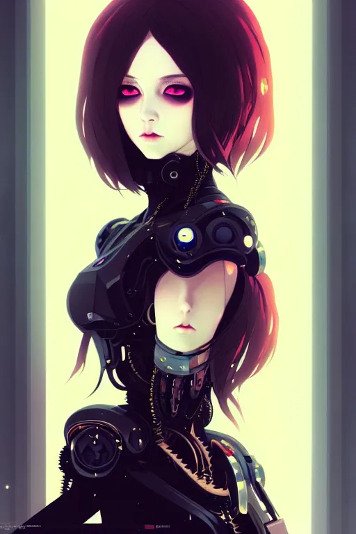 Image similar to portrait of beautiful young gothic cyborg anime maiden, cute-fine-face, pretty face, realistic shaded Perfect face, fine details. Anime, cyberpunk, Warhammer, highly detailed, artstation, illustration, art by Ilya Kuvshinov and Gustav Klimt