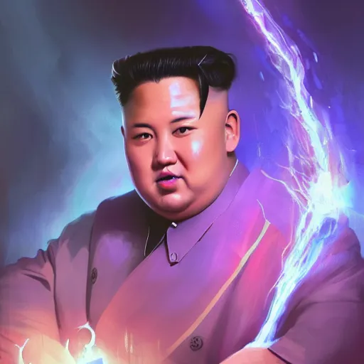 Image similar to portrait of kim - jong un as a spellcaster and mage, league of legends amazing splashscreen artwork, splash art, natural light, elegant, photorealistic facial features, intricate, fantasy, detailed face, atmospheric lighting, anamorphic lens flare, cinematic lighting, league of legends splash art, hd wallpaper, ultra high details by greg rutkowski