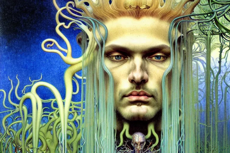 Image similar to realistic detailed portrait painting of a beautiful ghost man with blond hair with an alien, futuristic sci-fi forest on background by Jean Delville, Amano, Yves Tanguy, Alphonse Mucha, Ernst Haeckel, Edward Robert Hughes, Roger Dean, rich moody colours, blue eyes