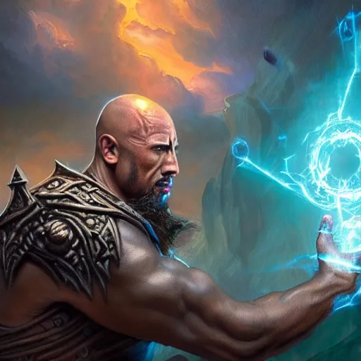 Image similar to closeup 2 8 mm dwayne johnson warlock casting a spell in a castle, d & d, fantasy, intricate, action pose, particle effects, highly detailed, digital painting, artstation, concept art, matte, sharp focus, volumetric lighting, illustration, hearthstone, art by artgerm, wlop, greg rutkowski and alphonse mucha