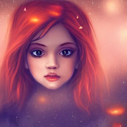 Prompt: sharp, intricate fine details, breathtaking, digital art portrait of a red haired girl with green eyes in a dreamy, mesmerizing scenery with fireflies