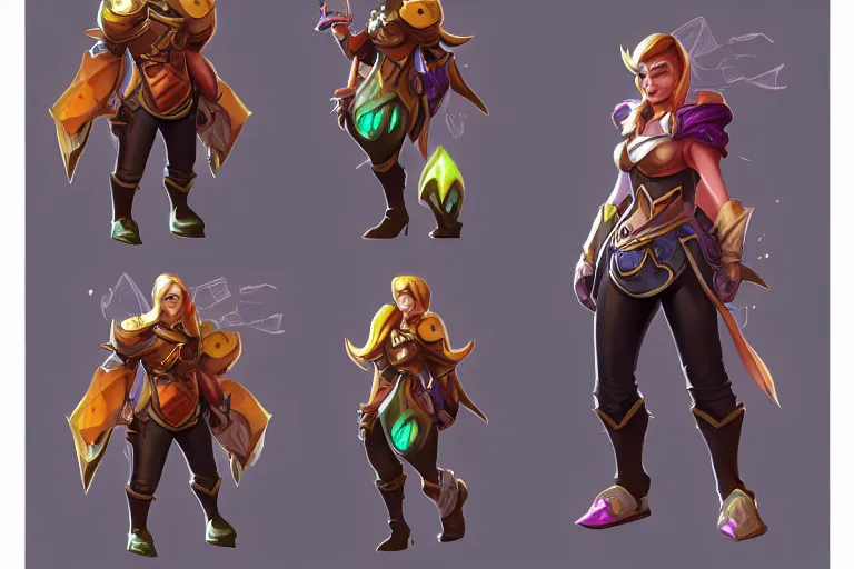 Image similar to Concept art of the new League of Legends Champion, Isometric, Painterly, Digital Painting, Trending on Artstation, Character Reference Sheet