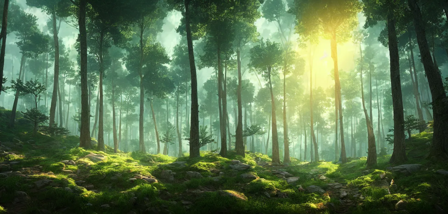 Image similar to random forest landscape, incredible, vector art, octane render, fabulous, hyper detailed, random cinematic view, no noise, global illumination, warm lighting, volumetric, godrays, vivid, beautiful