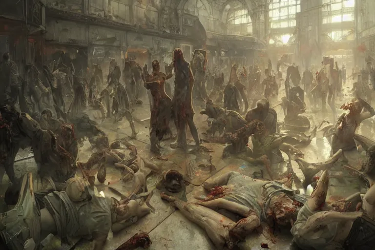 Image similar to painting of zombie apocalypse in subway, ultra realistic, concept art, intricate details, eerie, highly detailed, photorealistic, octane render, 8 k, unreal engine. art by artgerm and greg rutkowski and alphonse mucha