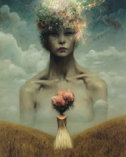 Image similar to A portrait of a woman wearing clothes made out of thunder clouds and flowers, apocalypse, nuclear explosion in the background, spiky skin, Masterpiece, glowing, wires everywhere, by Edgar Maxence and Ross Tran, Zdzisław Beksiński, and Michael Whelan, distant, gustav dore, H.R. Giger, 8k, octane render