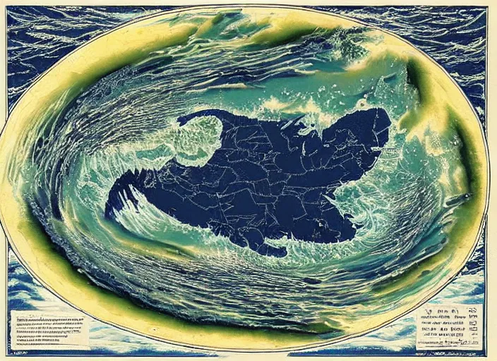 Prompt: ocean map depicting storms and whirlpools in the form of the blustering blast by charles simic