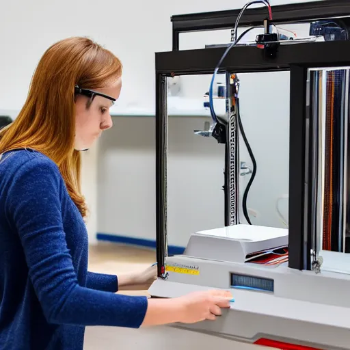 Prompt: Beautiful young woman operating a 3D printer with a curious look on her face