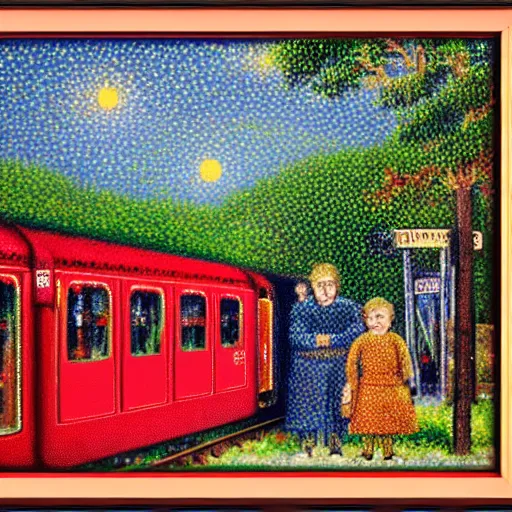 Image similar to an pointillist painting of two hobbits standing on the platform of a train station, a big red train is waiting at the platform