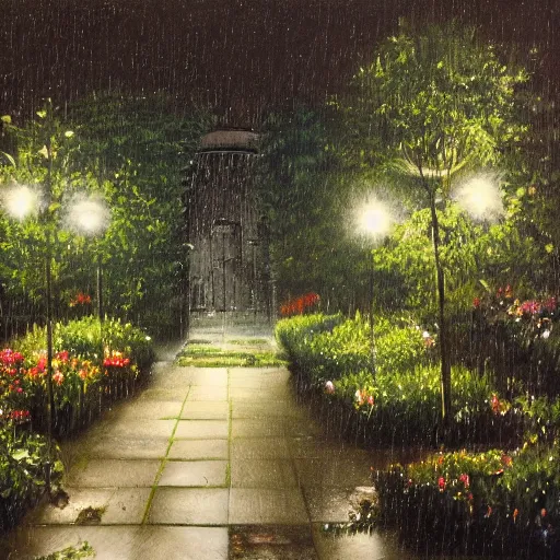 Prompt: rain in a garden at night