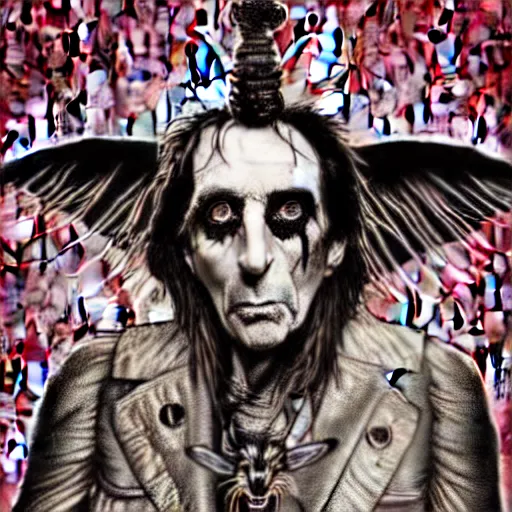 Prompt: graphic illustration, creative design, alice cooper as baphomet, biopunk, francis bacon, highly detailed, hunter s thompson, concept art