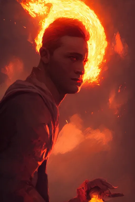 Image similar to portrait, male pyromancer summening a fire portal , dynamic lighting, volumetric, bokeh, cinematic, establishing shot, extremly high detail, photo realistic, cinematic lighting, post processed, concept art, artstation, matte painting, style by eddie mendoza, raphael lacoste, alex ross