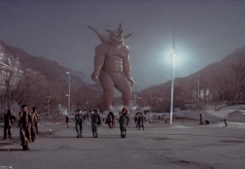 Image similar to Pulgasari the North Korean monster, volumetric lighting, filmstill, produced by Kim Jong-il, Kodachrome, kaiju-eiga, starfish monster movie, communist propaganda, film noir, 35mm film grain, Cooke Varotal 20-100mm T3.1