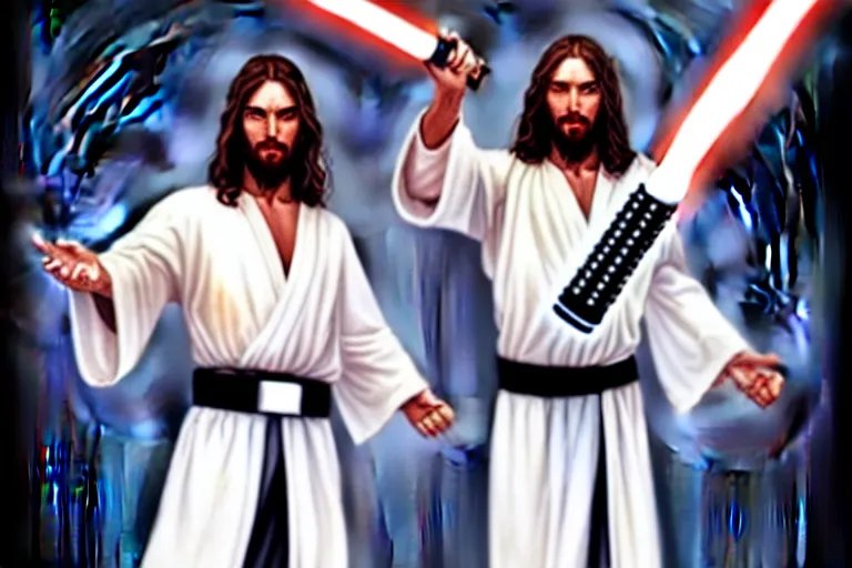 Image similar to jesus christ in a white robe striking an action pose, holding a lightsaber ; art by artgerm ; digital art ; character art ; star wars