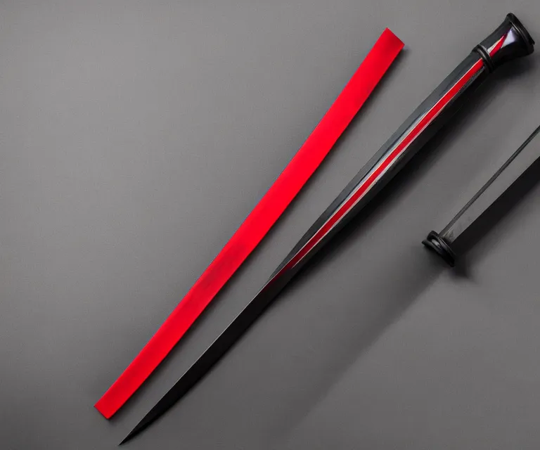 Image similar to a photo of a black and red katana, with the blade half way in a black and white sheathe, studio lighting, product photo