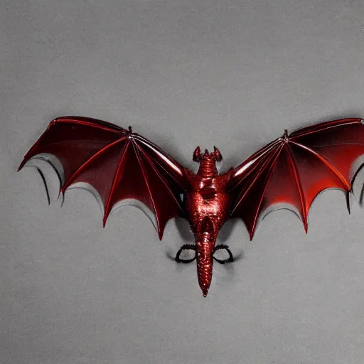 Prompt: a beautiful dark red dragon with shiny copper scales and bat like wings.