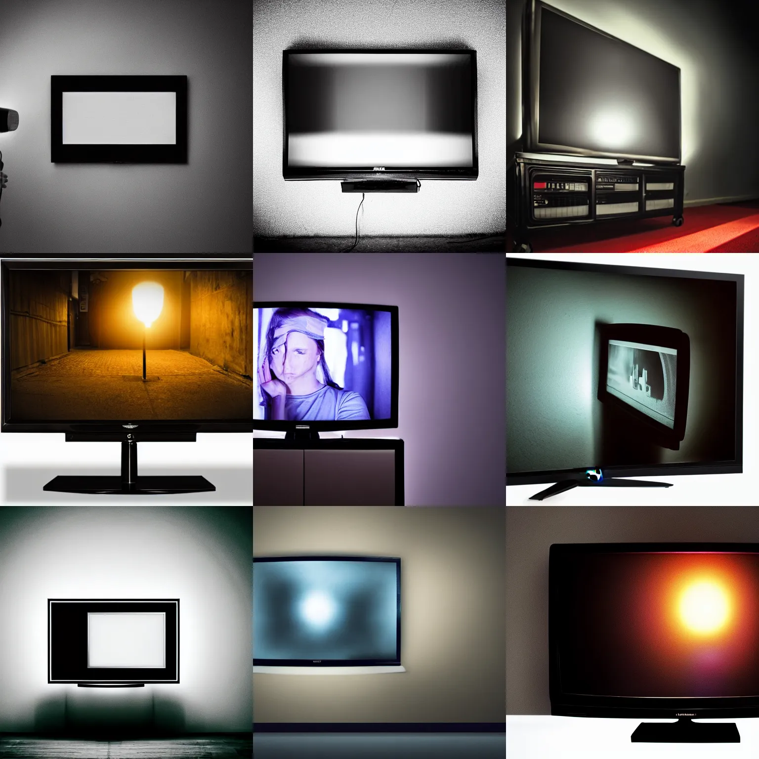 Prompt: malfunctioning tv in a dark room, dramatic lighting, award winning photography