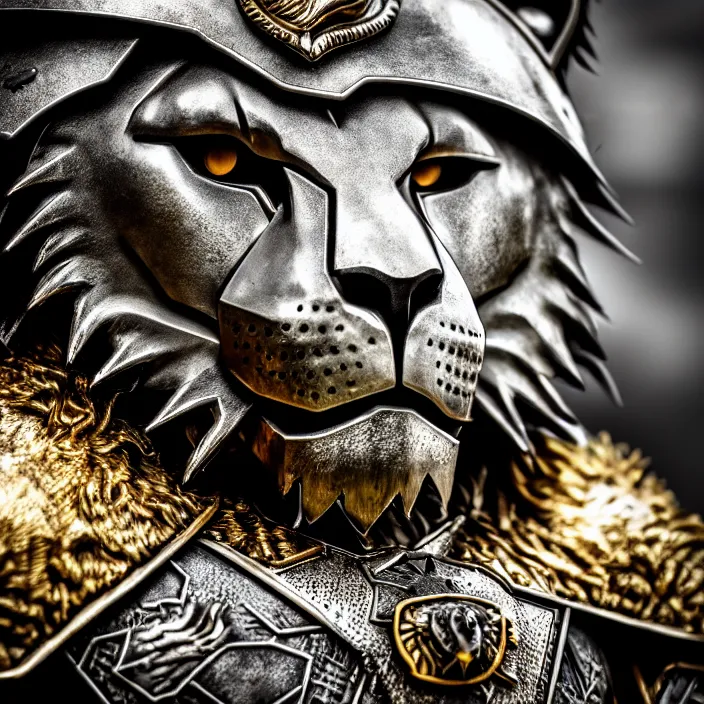 Image similar to photo of a warrior with metal lion themed armour, highly detailed, 4 k, hdr, smooth, sharp focus, high resolution, award - winning photo