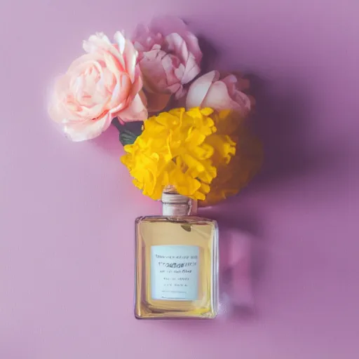 Prompt: perfume bottle sitting on a pile of pale pink and yellow flowers close shot, light pink background, softly - lit, soft - femme, zen, light, modern minimalist f 2 0 clean