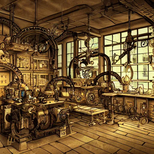 Prompt: steampunk lab by michelangelo buonarrot